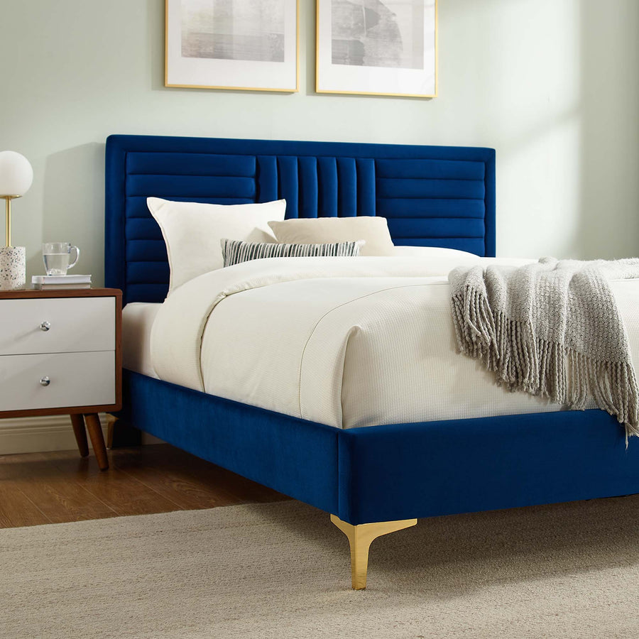 Cobalt Channel Tufted Performance Velvet Full Platform Bed in Navy