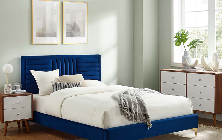 Cobalt Channel Tufted Performance Velvet Full Platform Bed in Navy