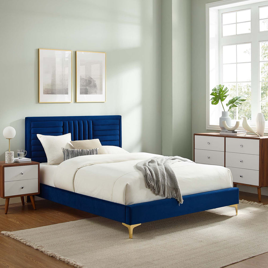 Cobalt Channel Tufted Performance Velvet Full Platform Bed in Navy