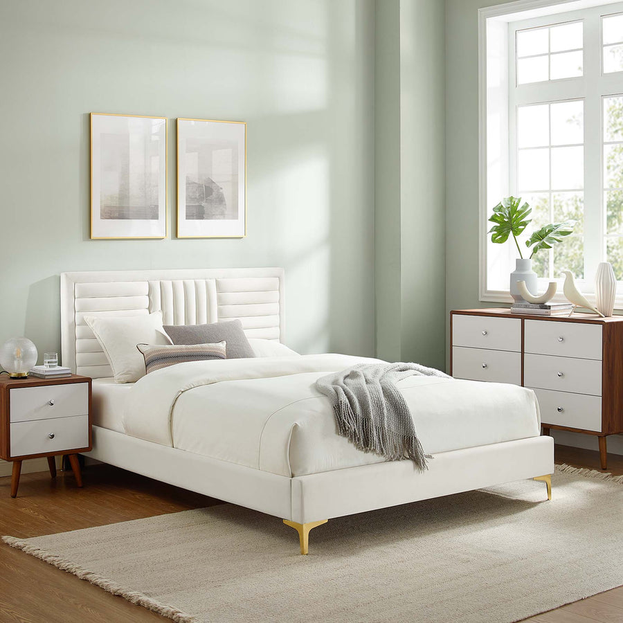 Cobalt Channel Tufted Performance Velvet Full Platform Bed in White