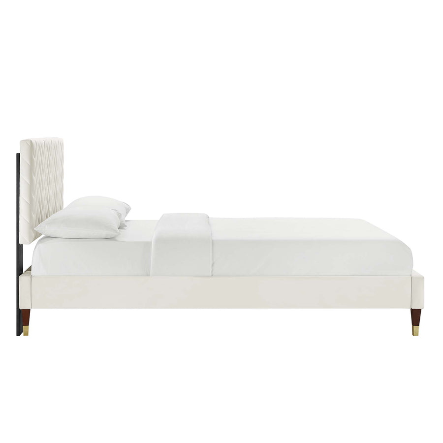 Easton Chevron Tufted Performance Velvet Full Platform Bed in White