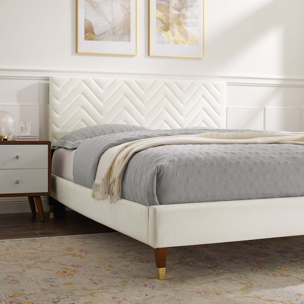 Leah Chevron Tufted Performance Velvet Full Platform Bed in White