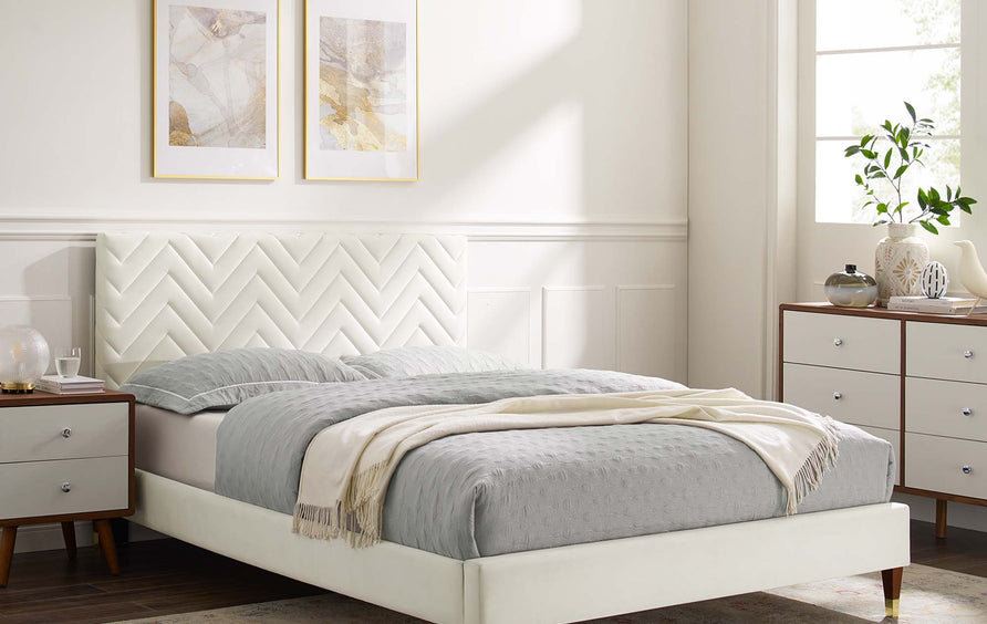 Easton Chevron Tufted Performance Velvet Full Platform Bed in White