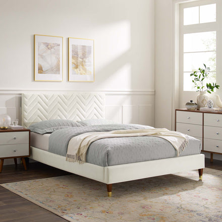Leah Chevron Tufted Performance Velvet Full Platform Bed in White