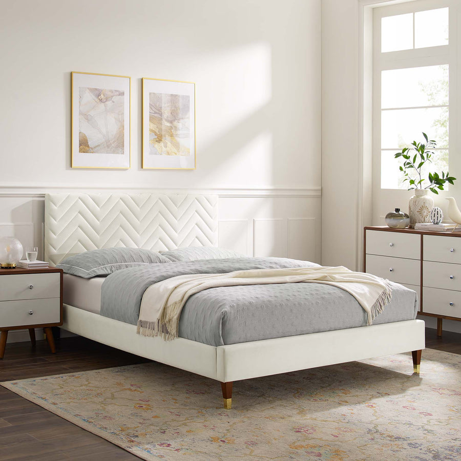Easton Chevron Tufted Performance Velvet Full Platform Bed in White