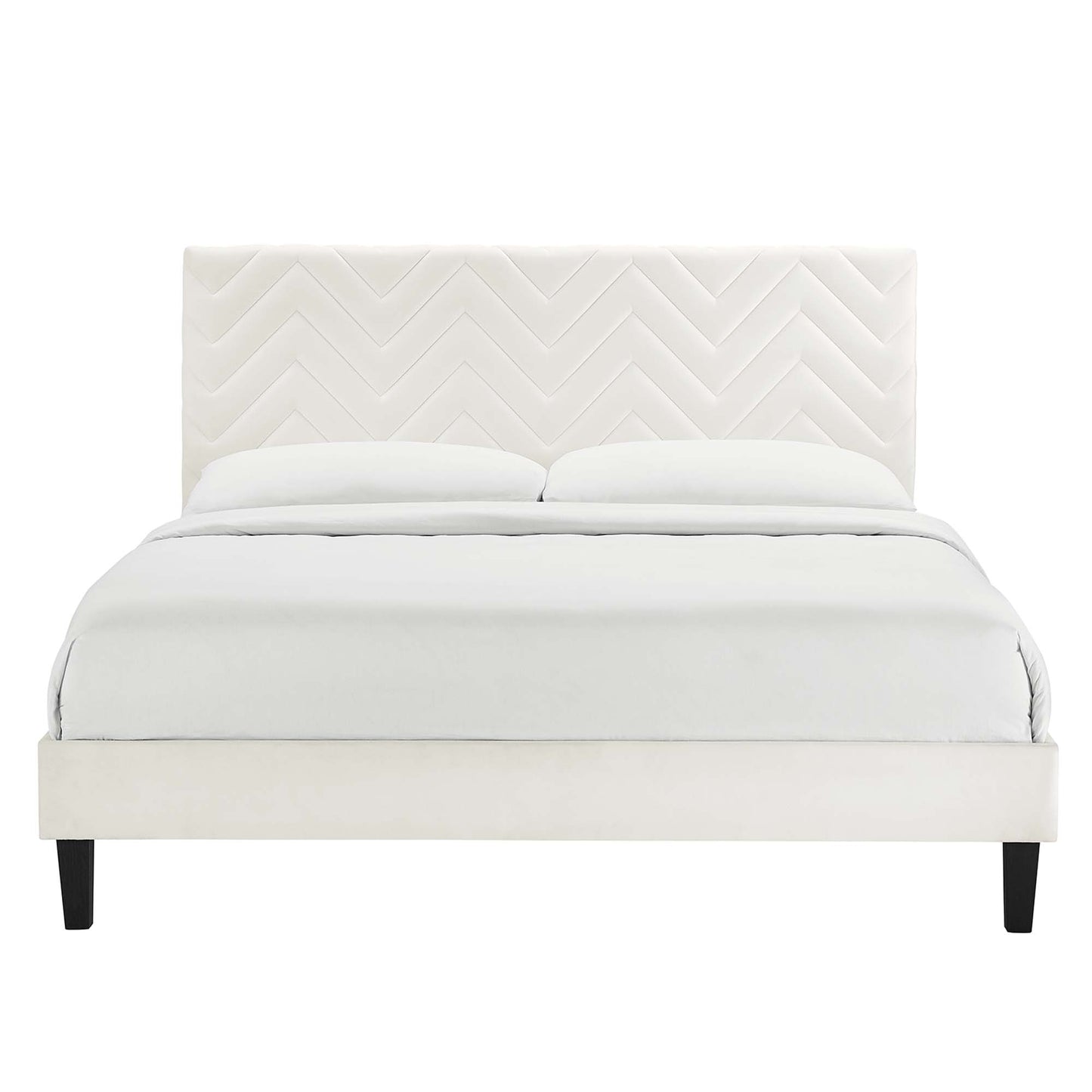 Leah Tapered Wood Leg Chevron Tufted Performance Velvet Full Platform Bed by Furniture For America