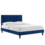 Cobalt Tapered Wood Leg Channel Tufted Performance Velvet Full Platform Bed in Navy