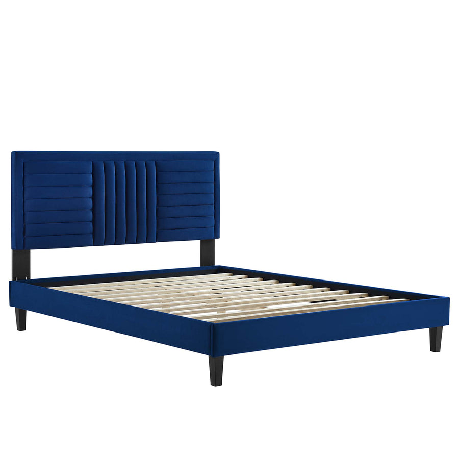Cobalt Tapered Wood Leg Channel Tufted Performance Velvet Full Platform Bed in Navy
