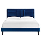 Cobalt Tapered Wood Leg Channel Tufted Performance Velvet Full Platform Bed in Navy