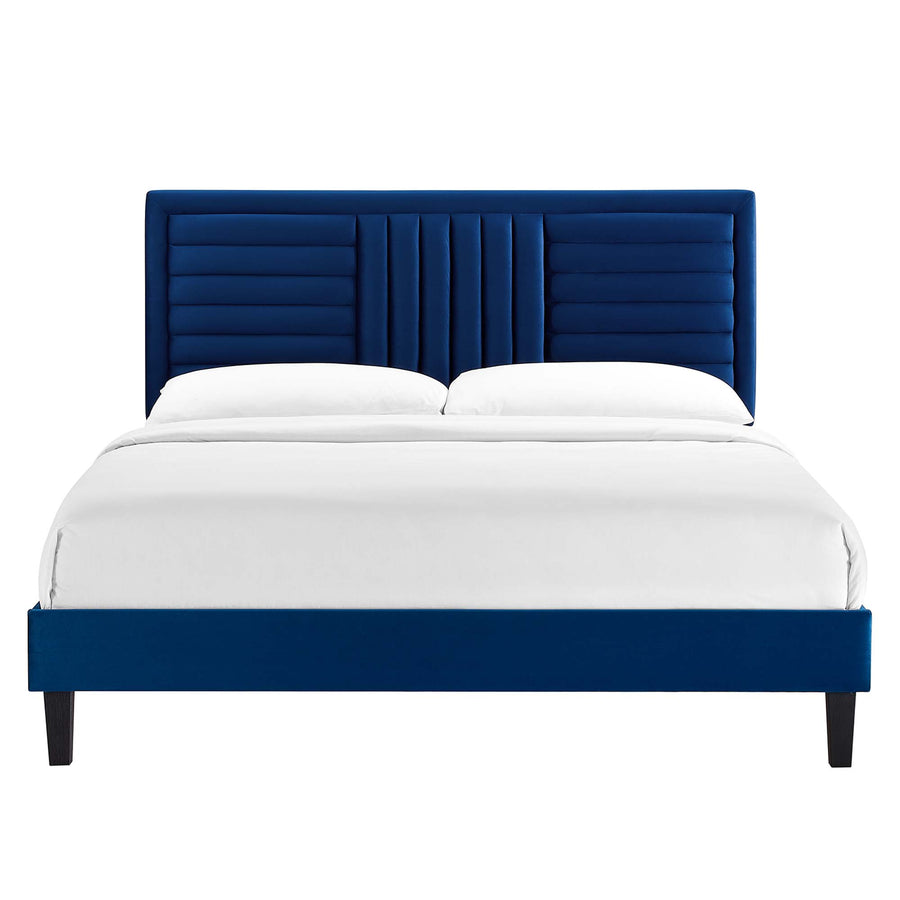 Cobalt Tapered Wood Leg Channel Tufted Performance Velvet Full Platform Bed in Navy