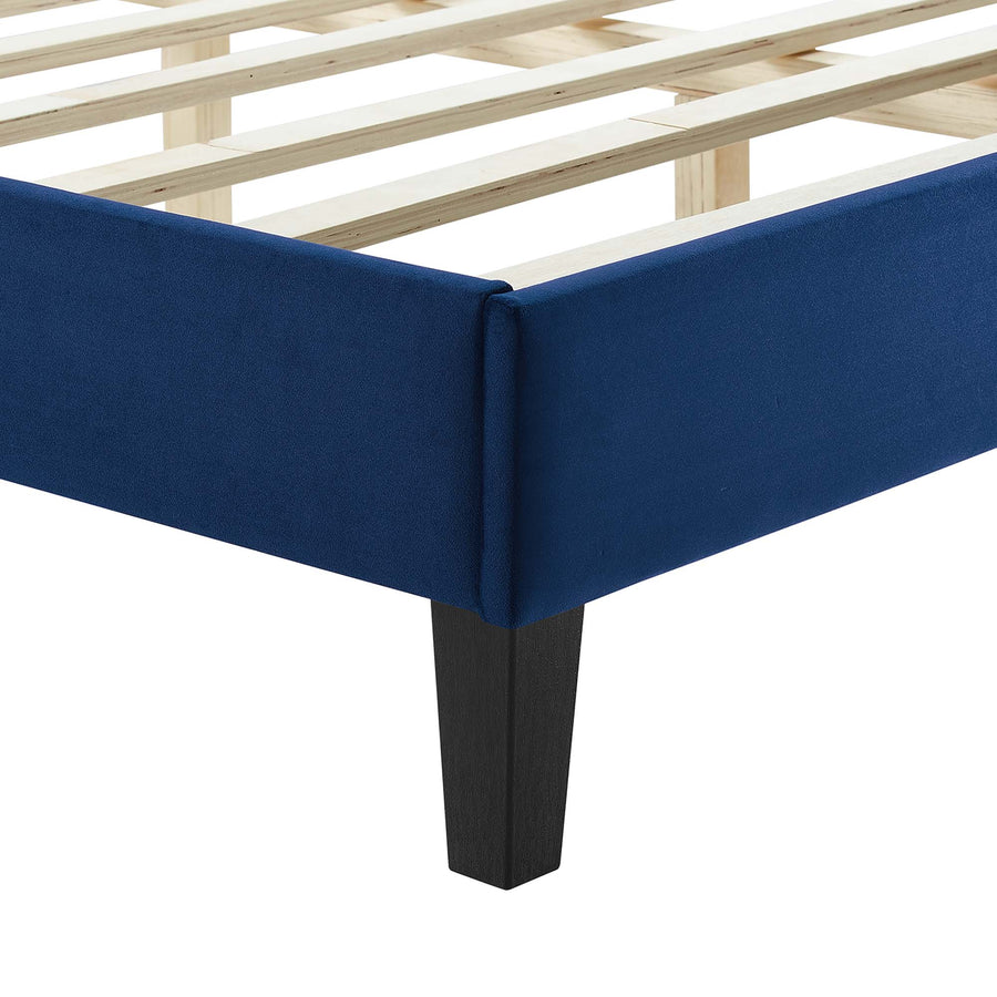 Cobalt Tapered Wood Leg Channel Tufted Performance Velvet Full Platform Bed in Navy