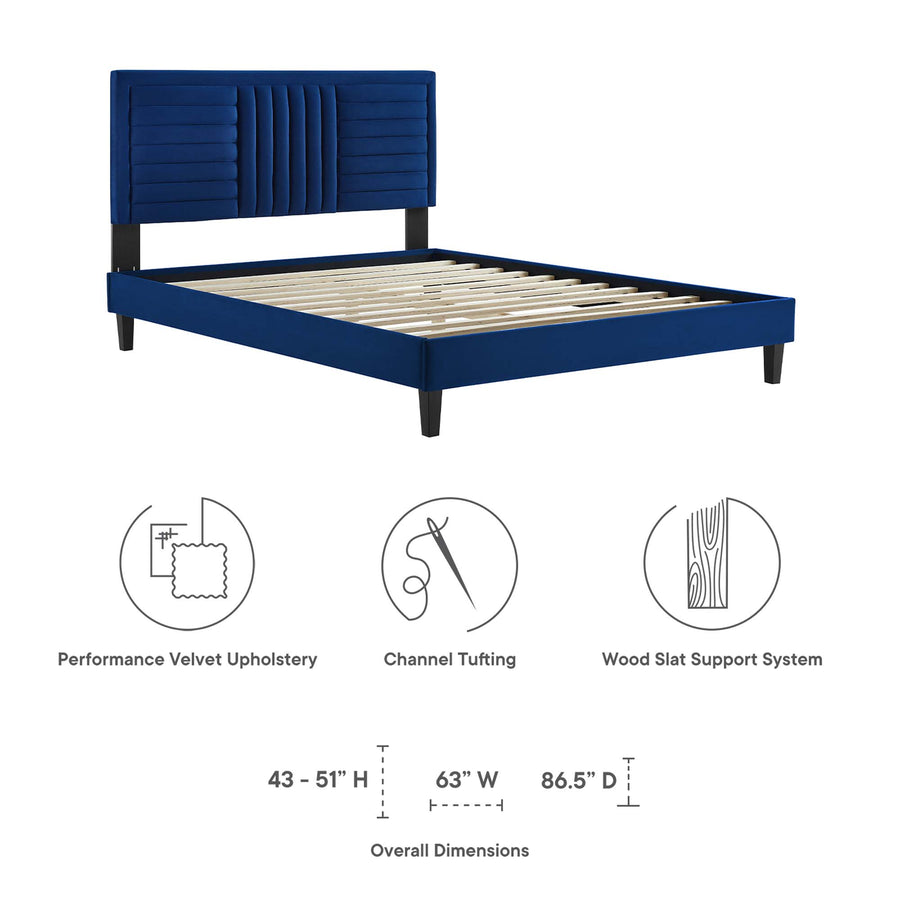 Cobalt Tapered Wood Leg Channel Tufted Performance Velvet Full Platform Bed in Navy