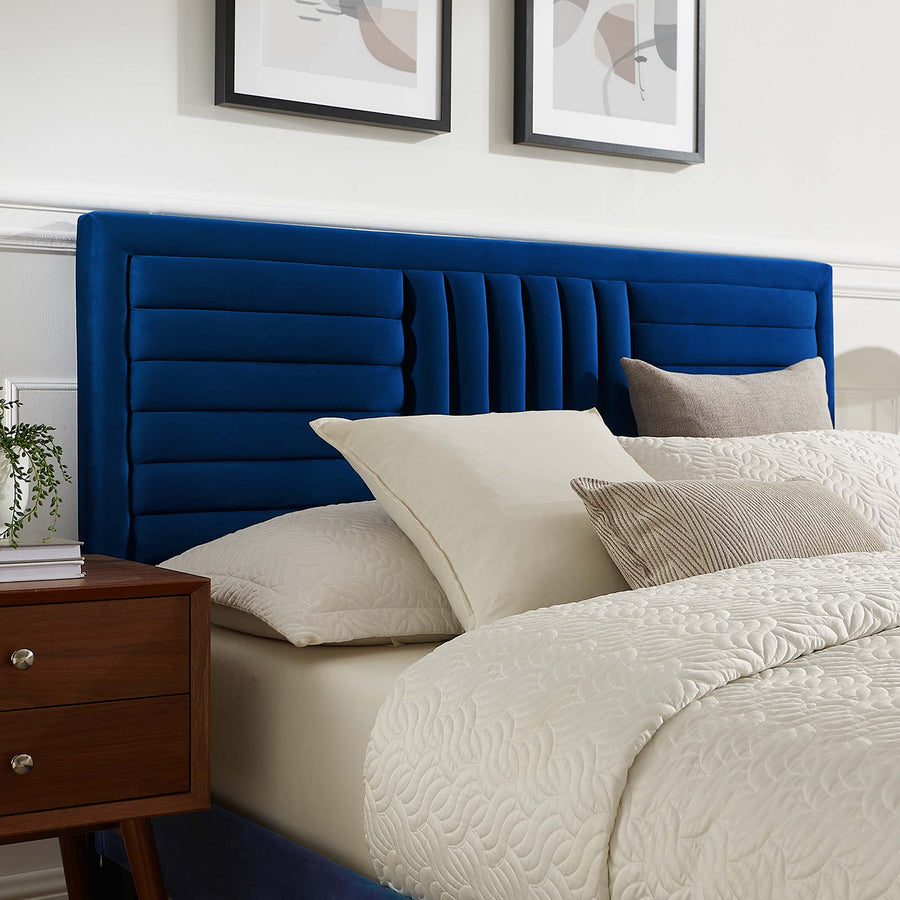 Cobalt Tapered Wood Leg Channel Tufted Performance Velvet Full Platform Bed in Navy