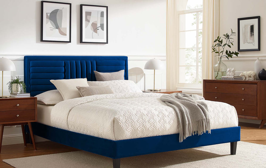 Cobalt Tapered Wood Leg Channel Tufted Performance Velvet Full Platform Bed in Navy