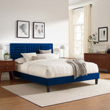 Cobalt Tapered Wood Leg Channel Tufted Performance Velvet Full Platform Bed in Navy