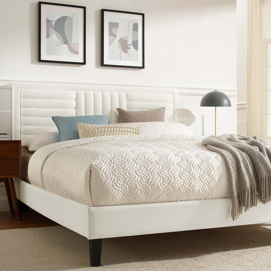 Cobalt Tapered Wood Leg Channel Tufted Performance Velvet Full Platform Bed in White