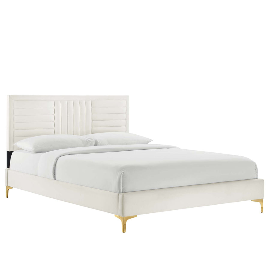 Cobalt Channel Tufted Performance Velvet King Platform Bed in White