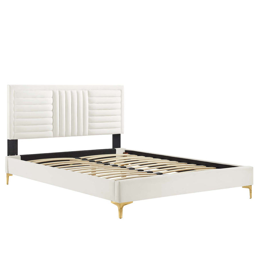 Cobalt Channel Tufted Performance Velvet King Platform Bed in White