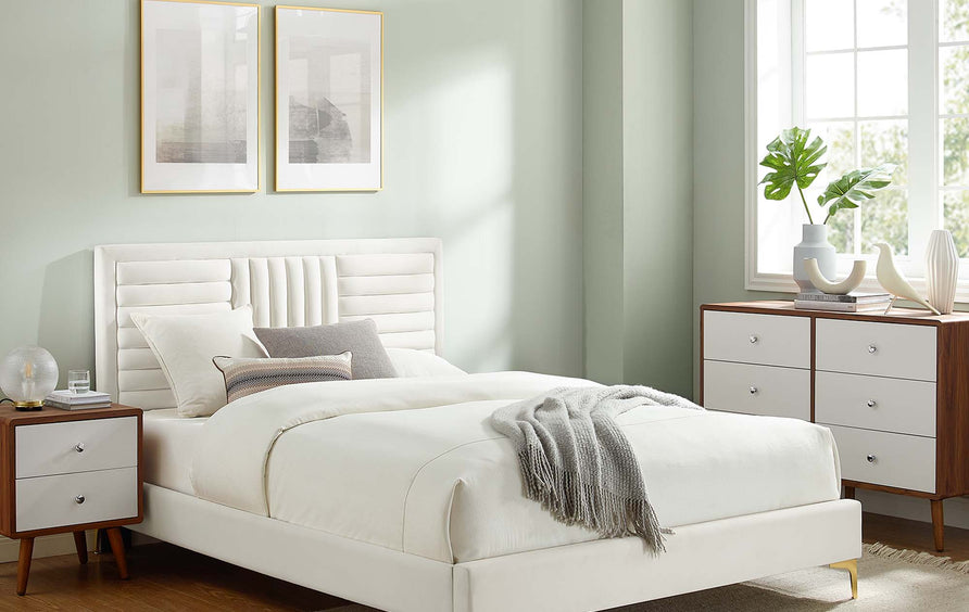 Cobalt Channel Tufted Performance Velvet King Platform Bed in White
