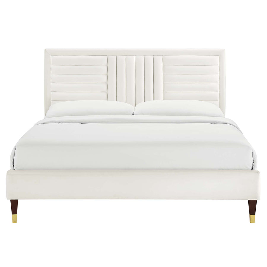 Cobalt Channel Tufted Performance Velvet King Platform Bed in White
