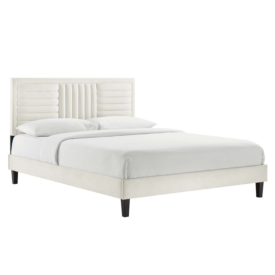 Cobalt Channel Tufted Performance Velvet King Platform Bed in White