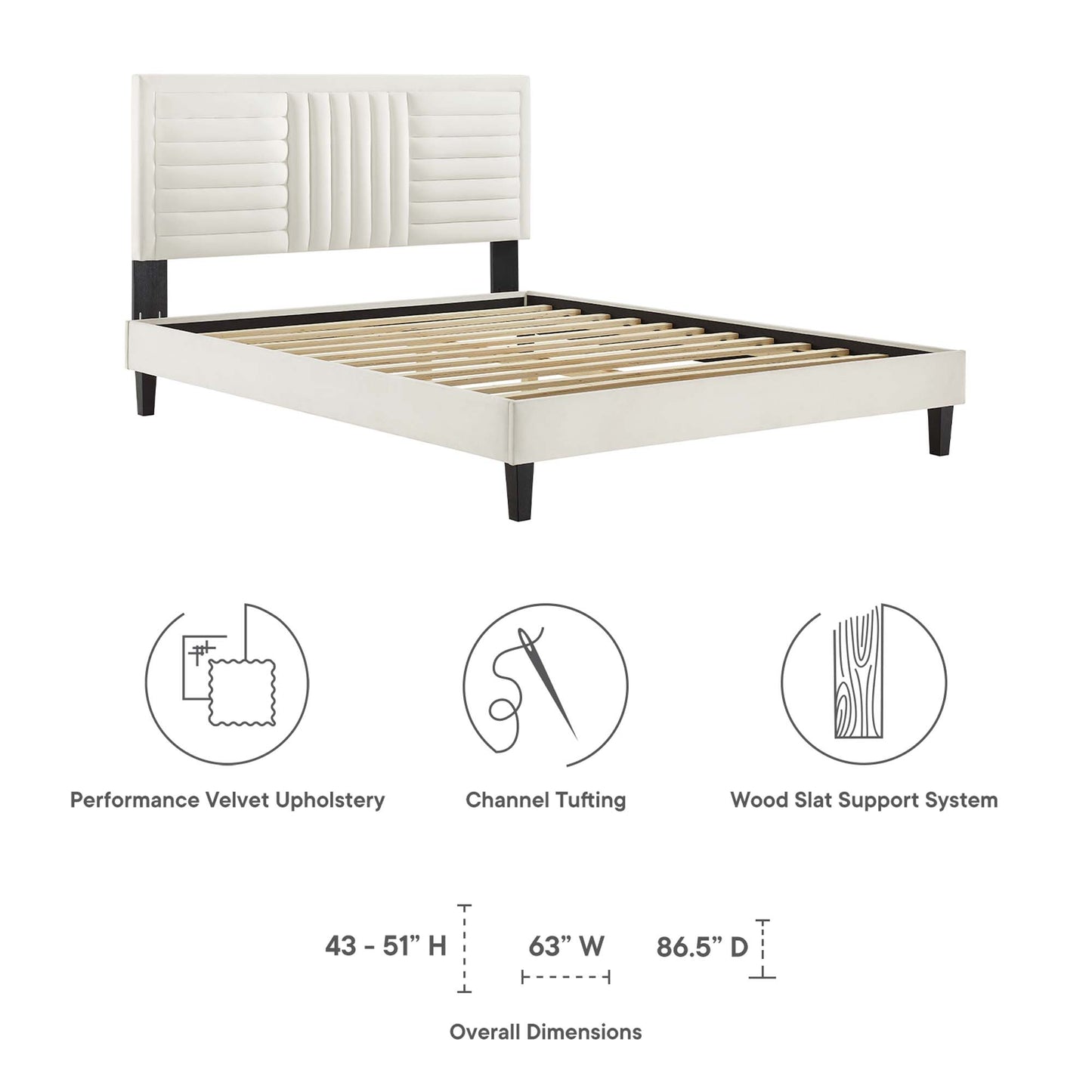 Cobalt Channel Tufted Performance Velvet King Platform Bed in White