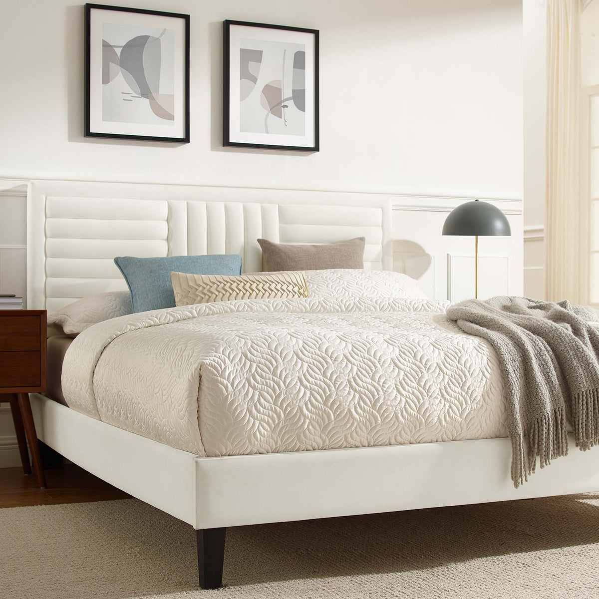 Sofia Channel Tufted Performance Velvet King Platform Bed in White