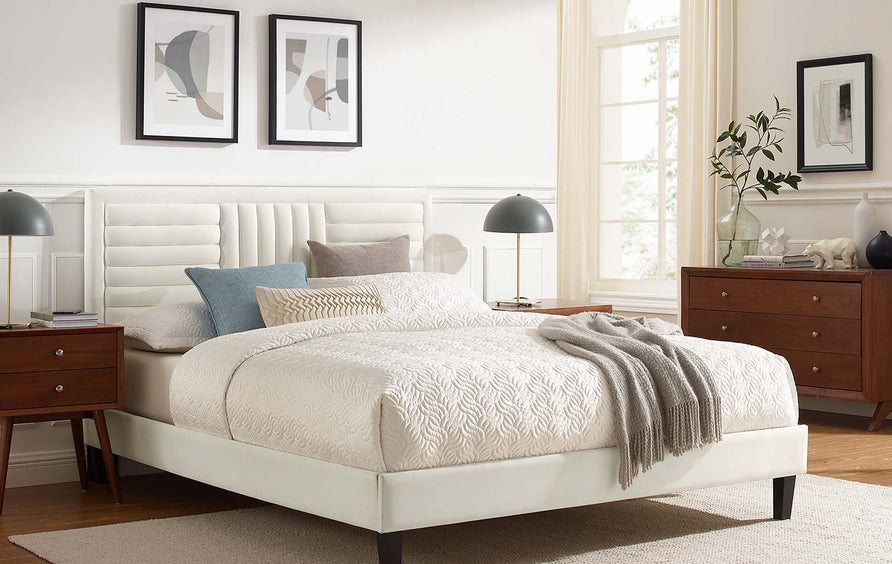 Cobalt Channel Tufted Performance Velvet King Platform Bed in White