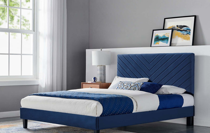 Tartan Performance Velvet Full Platform Bed in Navy