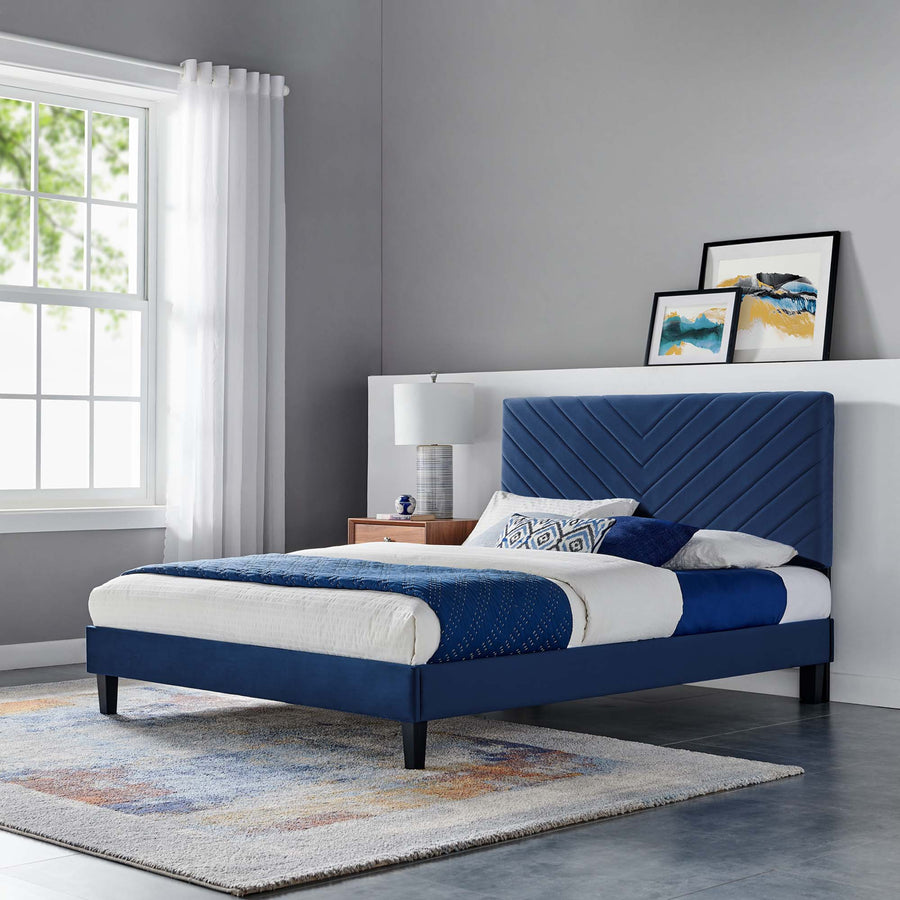 Tartan Performance Velvet Full Platform Bed in Navy