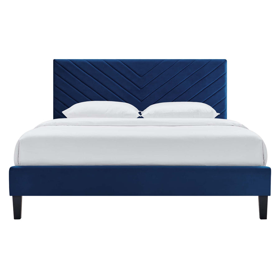 Tartan Performance Velvet Full Platform Bed in Navy