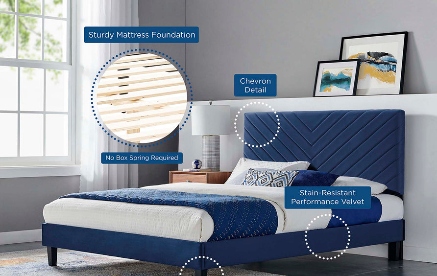 Tartan Performance Velvet Full Platform Bed in Navy