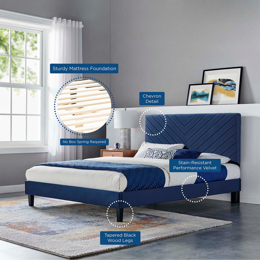 Tartan Performance Velvet Full Platform Bed in Navy