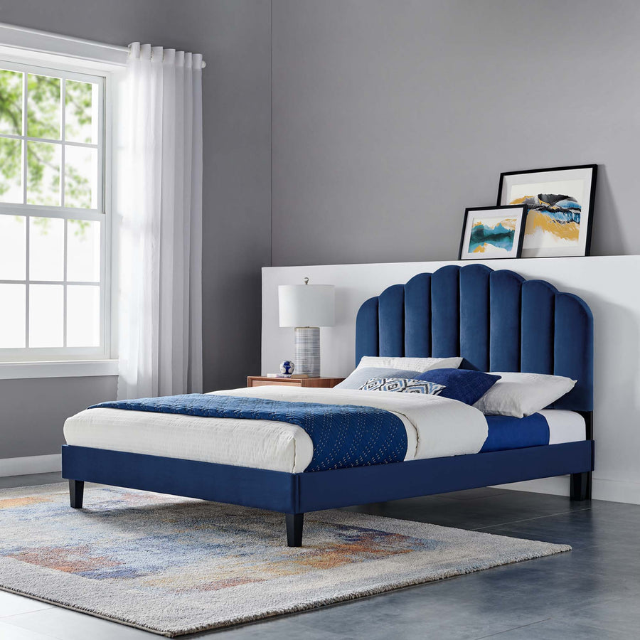 Dome Performance Velvet Full Platform Bed in Navy