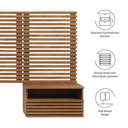 Render Wall Mount Twin Headboard and Modern Nightstands in Walnut