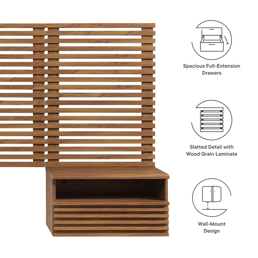 Vera Wall Mount Twin Headboard and Modern Nightstands in Walnut