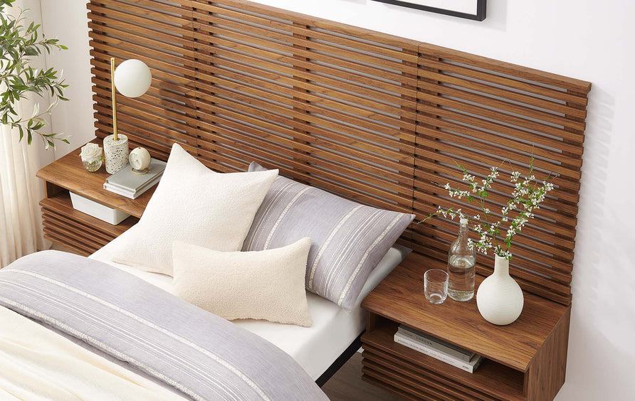Vera Wall Mount Twin Headboard and Modern Nightstands in Walnut
