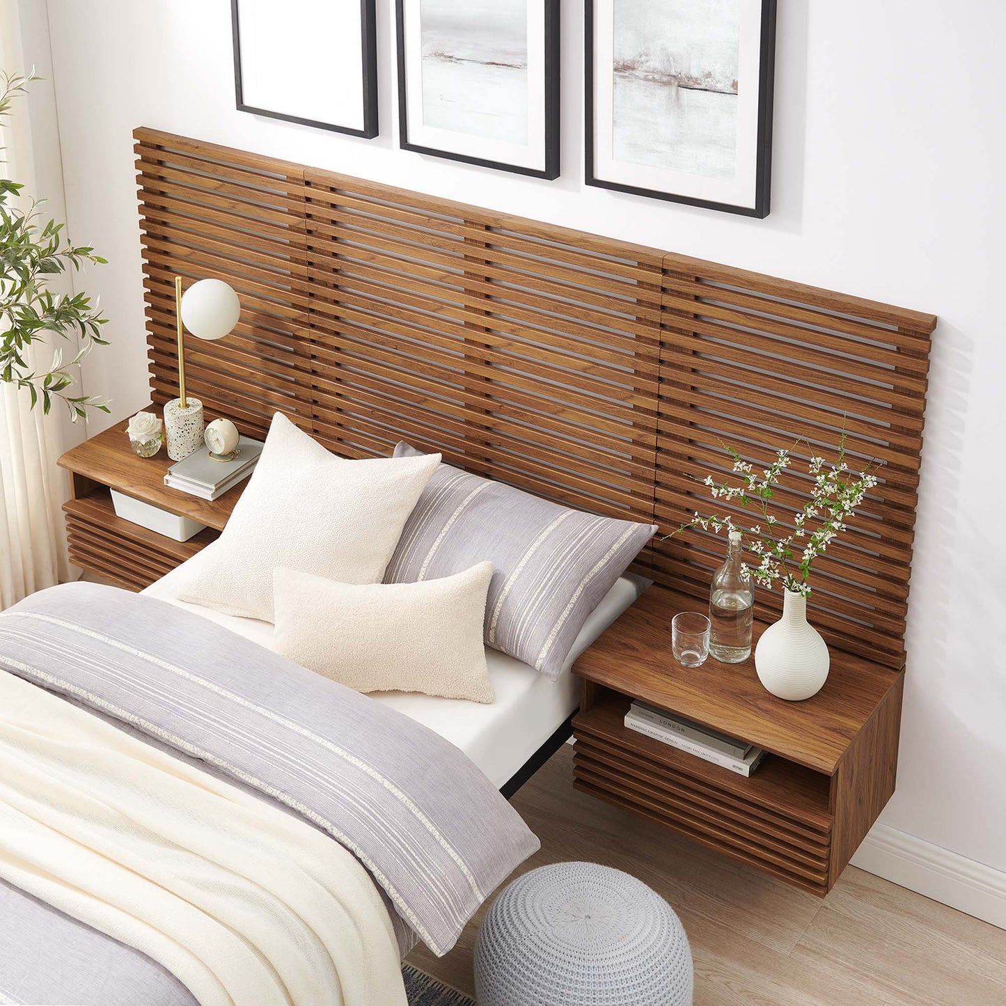 Render Wall Mount Twin Headboard and Modern Nightstands by Furniture For America