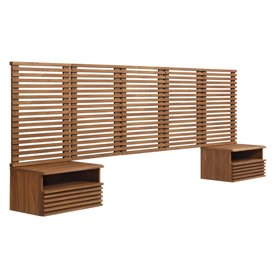 Vera Wall Mount Queen Headboard and Modern Nightstands in Walnut