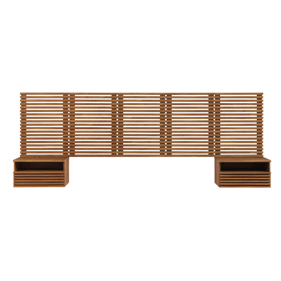 Vera Wall Mount Queen Headboard and Modern Nightstands in Walnut