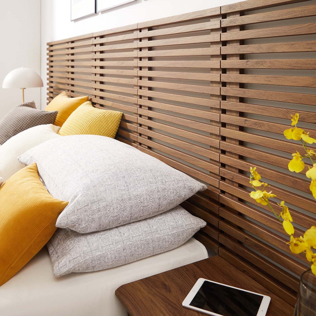Render Wall Mount Queen Headboard and Modern Nightstands in Walnut