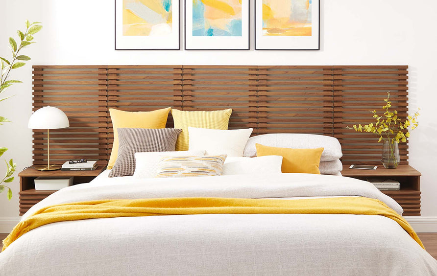 Vera Wall Mount Queen Headboard and Modern Nightstands in Walnut