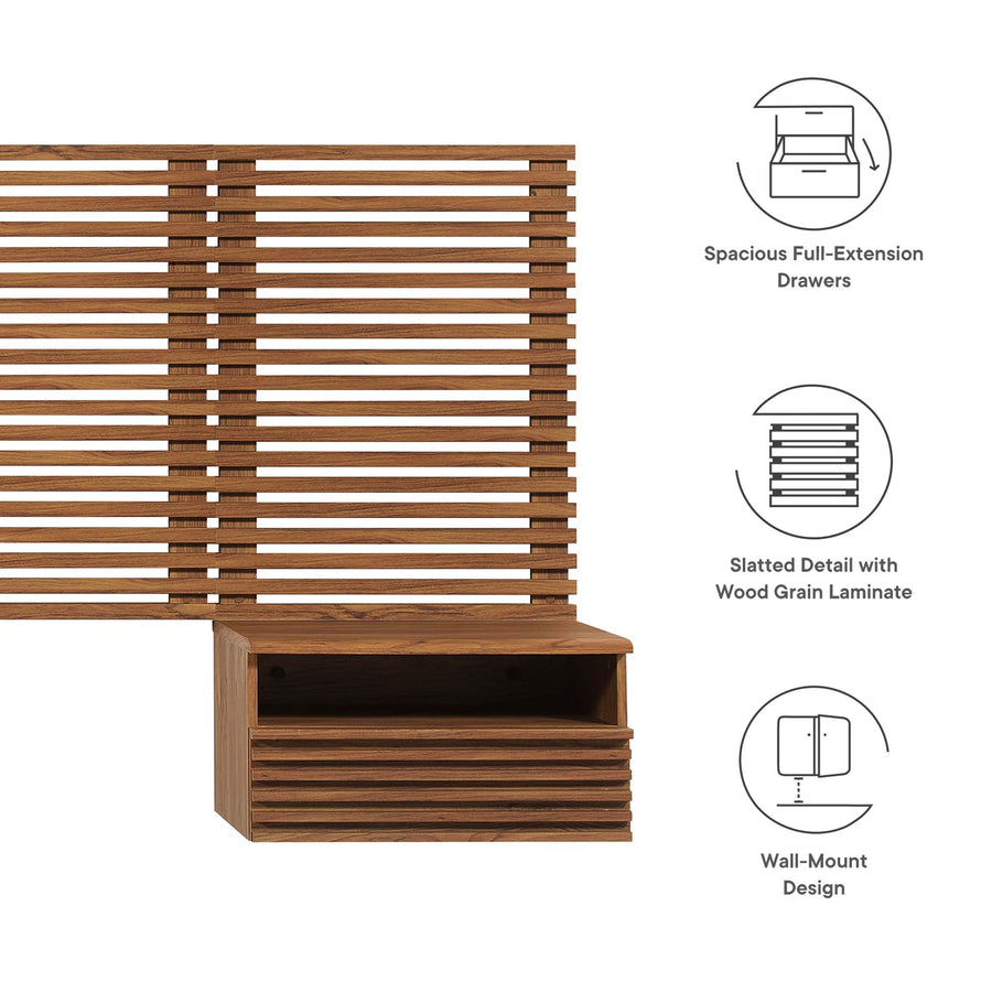 Vera Wall Mount King Headboard and Modern Nightstands in Walnut