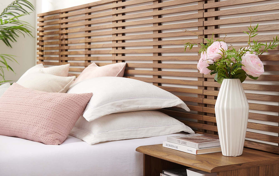 Vera Wall Mount King Headboard and Modern Nightstands in Walnut
