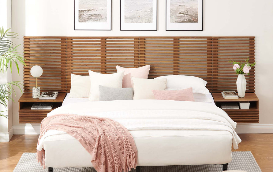 Vera Wall Mount King Headboard and Modern Nightstands in Walnut