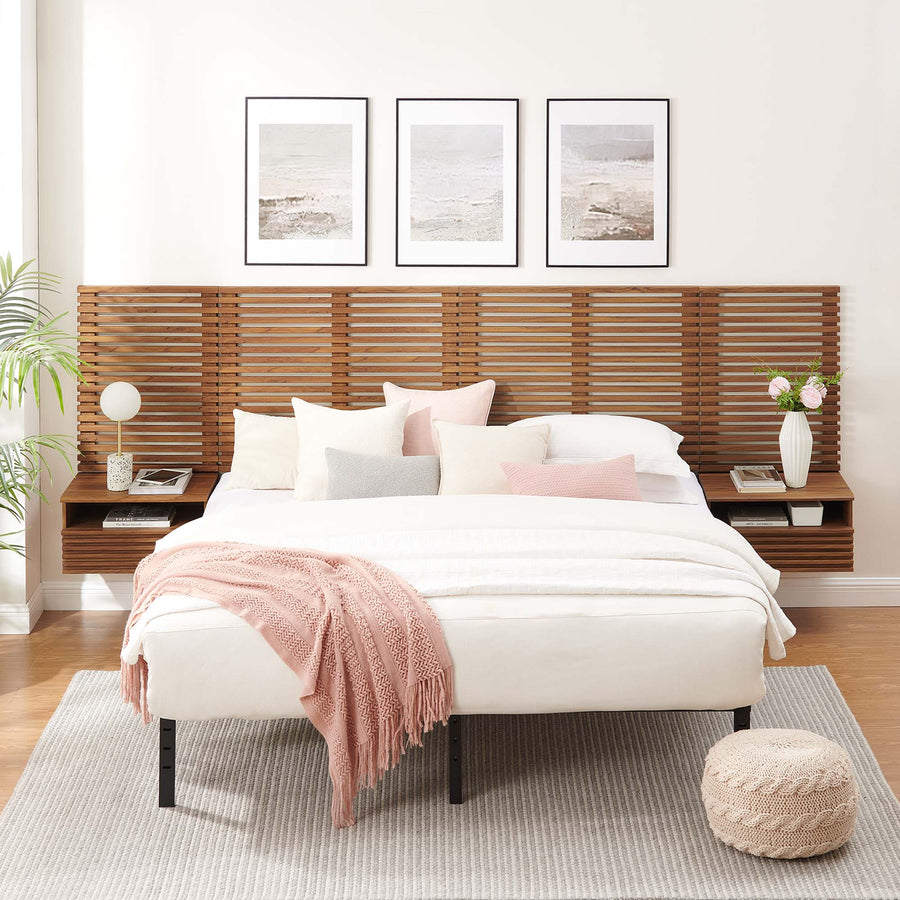 Vera Wall Mount King Headboard and Modern Nightstands in Walnut