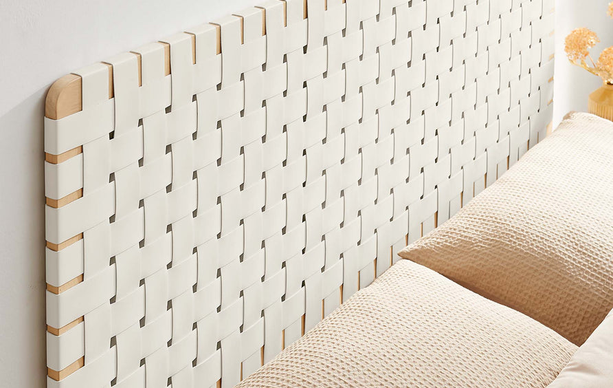 Sloane Weave Wall-Mount Vegan Leather Queen Headboard in Natural Beige