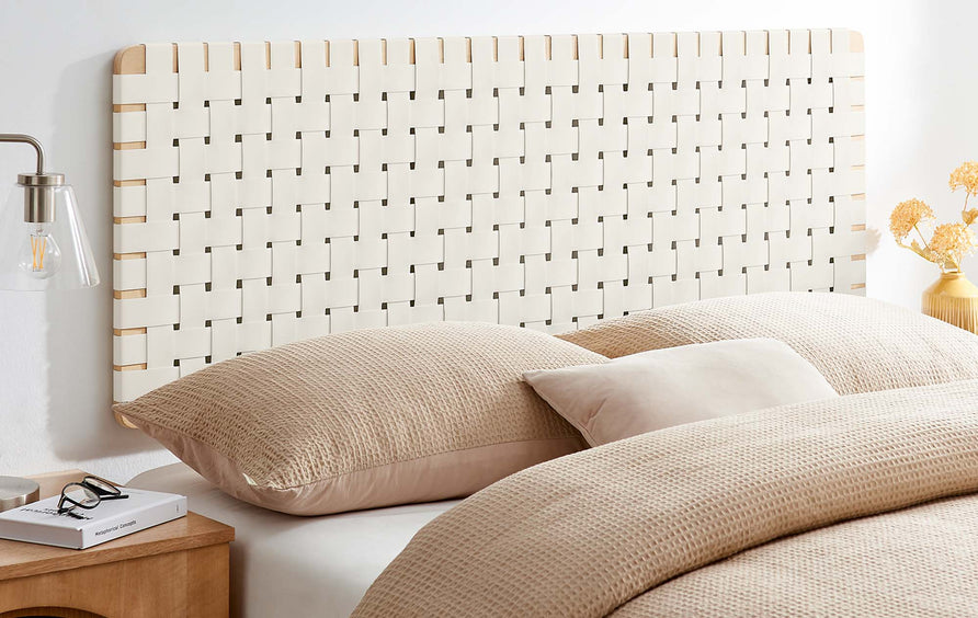 Sloane Weave Wall-Mount Vegan Leather Queen Headboard in Natural Beige