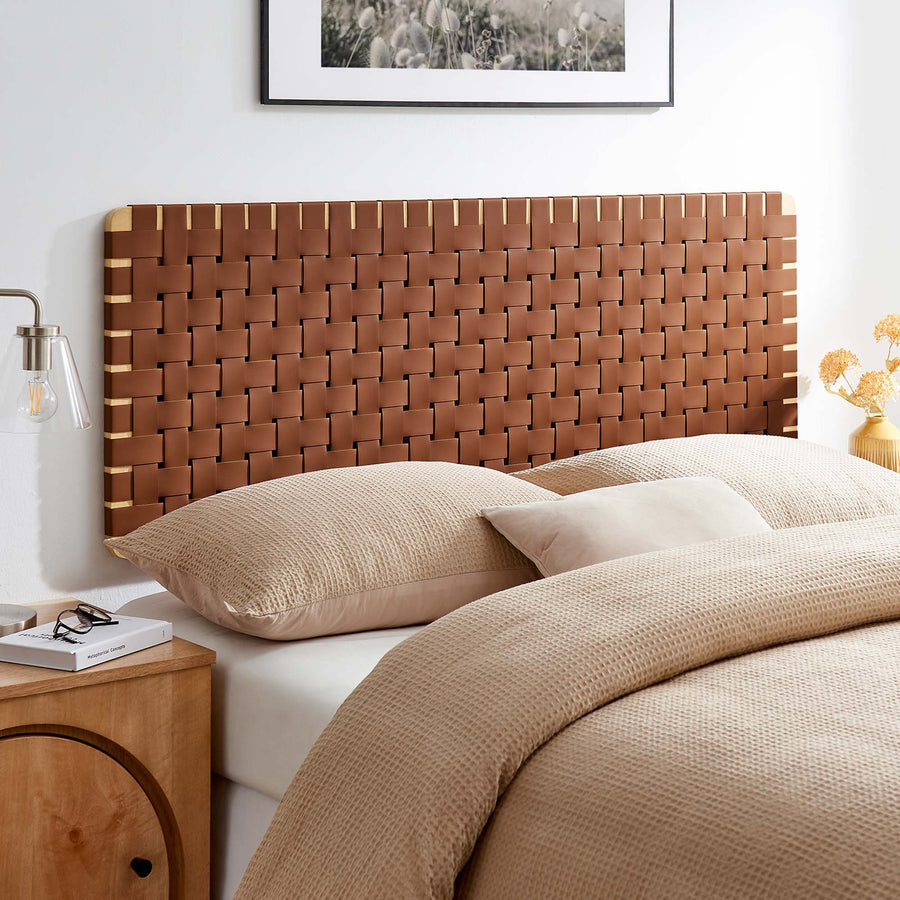 Sloane Weave Wall-Mount Vegan Leather Queen Headboard in Natural Brown