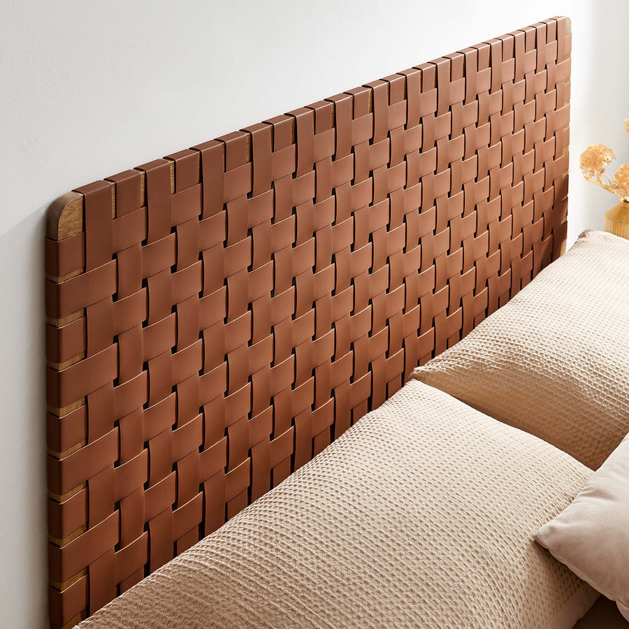 Sloane Weave Wall-Mount Vegan Leather Queen Headboard in Walnut Brown
